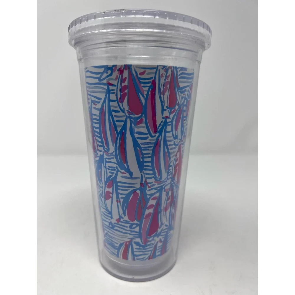 Lily Pulitzer Sailboat Tumbler Drinking Cup Pink Sailboats Light Blue Background
